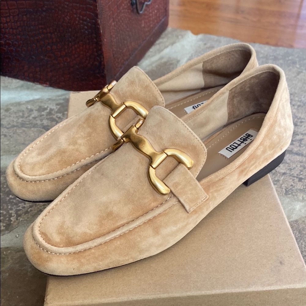BiBi Beige Suede Loafers with Gold Horsebit Trim